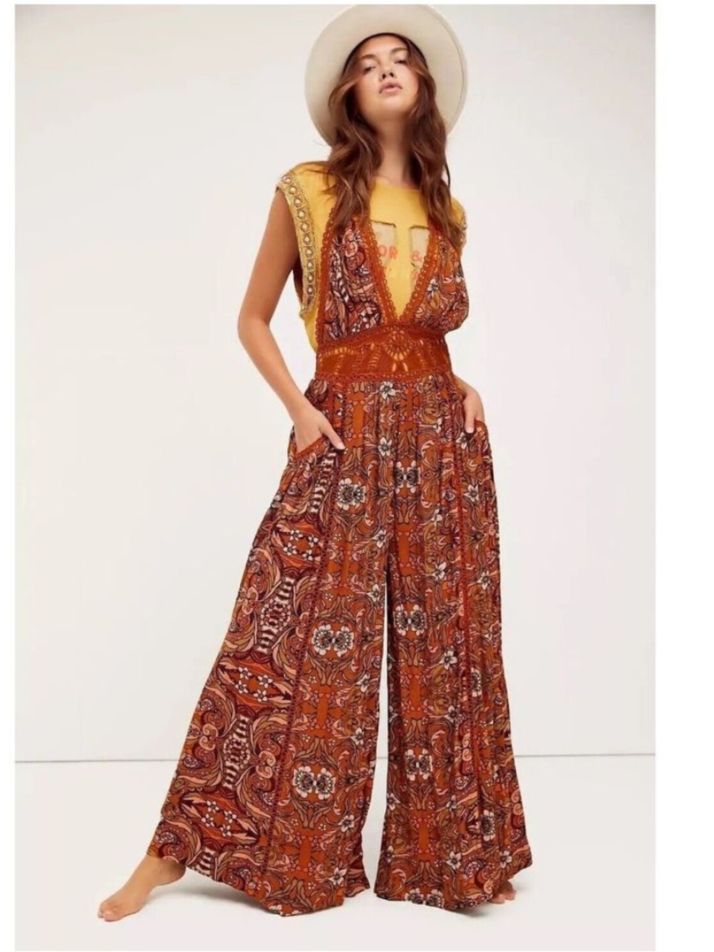 Free People Cosmos Wide Leg Floral Lace Hippie 70’s Halter Jumpsuit